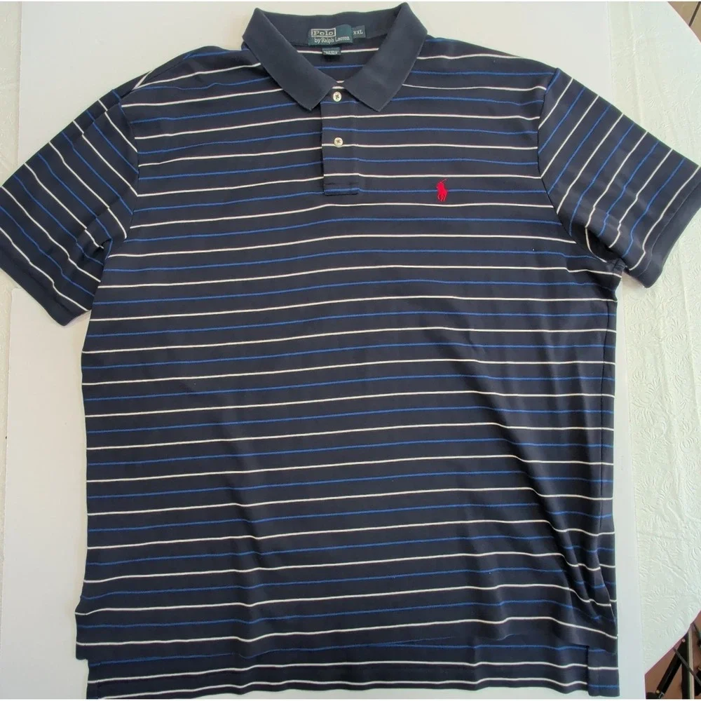 Vintage Ralph Lauren Polo Shirt Mens 2XL Navy Blue Striped Cotton Preppy XXL